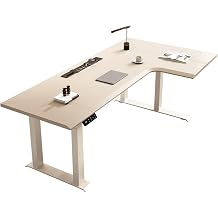 Simple L-Shaped Electric Standing Desk with Charging Outlets, Height Adjustable Corner Home Office Desk with Saddle Leather Top Writing,Small