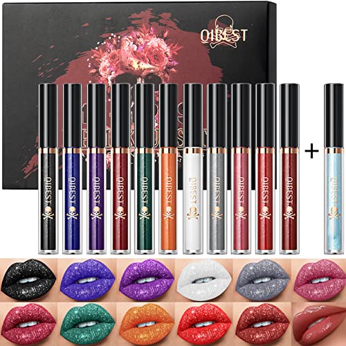 12 Couleurs matte à rouge à lèvres liquide glitter, 11 couleurs diamant glitter gloss à lèvres + 1 Huile à lèvres Repulpante, 24h longue durée imperméable halloween brillant À Lèvres Cover