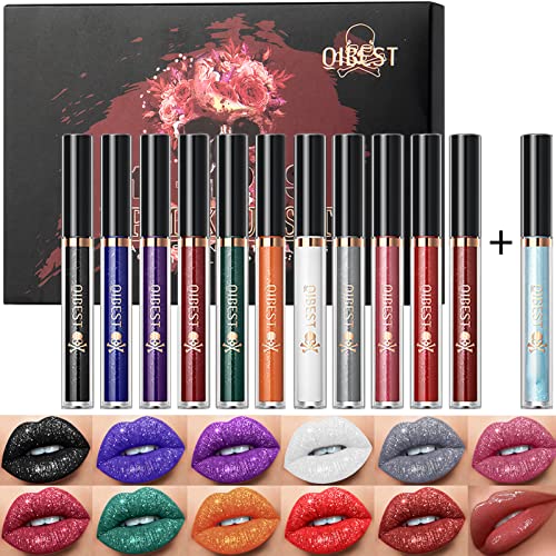 Juego de 12 lápices de labios líquidos mate a purpurina, 11 colores de diamante brillante brillo de labios con un brillo de labios, 24 horas de larga duración, impermeable, kit de regalo de maquillaje de Halloween