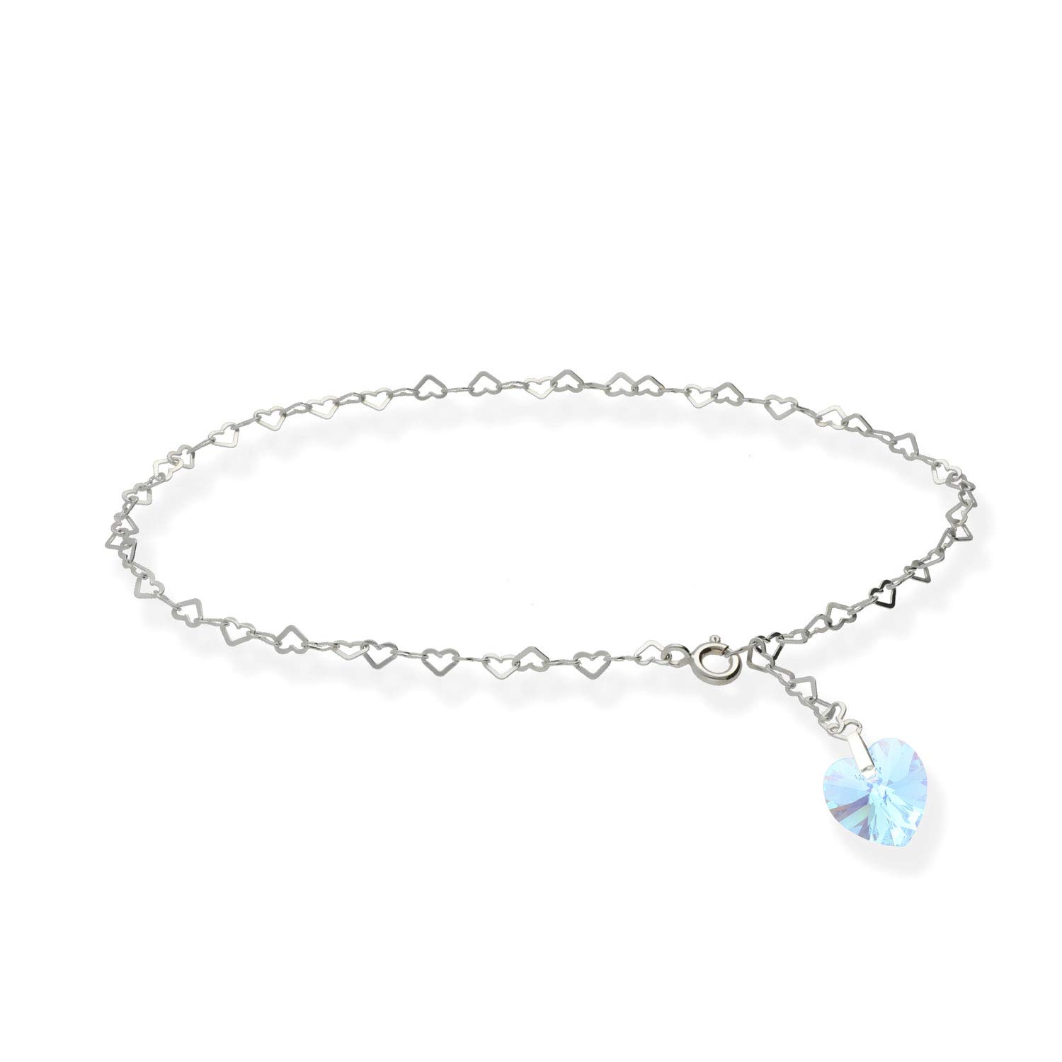 Cavigliera XL 32 cm in argento Sterling 925 da donna con ciondolo a forma di cuore Swarovski Elements, regolabile individualmente, per donne e ragazze.