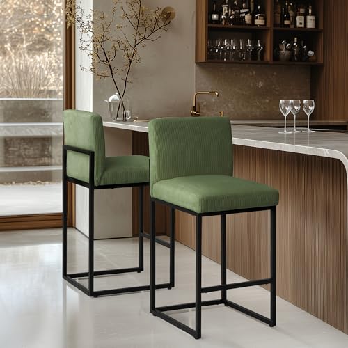 Green-and-Black-Bar-Stools-Set-of-2-Modern-Counter-Height-Stools-255-Height-with-Back-and-Footrest-for-Kitchen-Corduroy-Upholstered-Farmhouse-Bar-Chairs-Island-Stools Green and Black Bar Stools Set of 2 Modern Counter Height Stools 255 Height with Back and Footrest for Kitchen Corduroy Upholstered Farmhouse Bar Chairs Island Stools