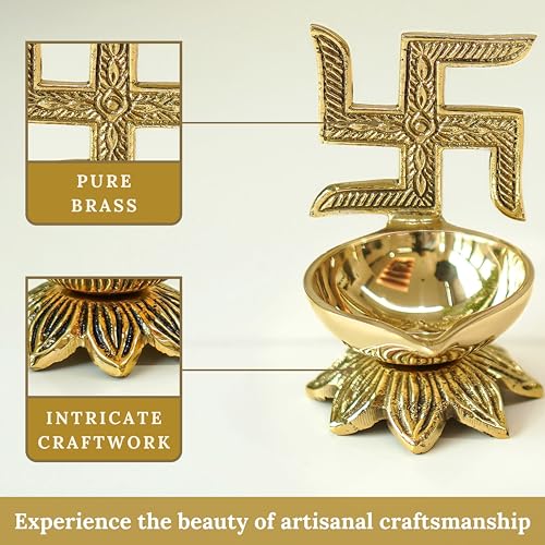 Image of Behoma 100% Pure Brass Swastik Diya for Puja | Religious Symbol Deep Deepak for Pooja Room, Tample,Mandir,Office, Diya for Home Decoration