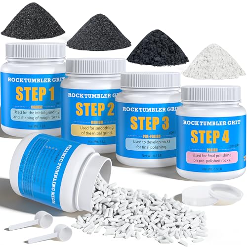 Rock Tumbler Polishing Grits and Ceramic Tumbling Media Kit | Essential for Polishing, 4 Steps Rock Tumbling Refill Media, Polish up to 25 lbs of Rocks, Work with Any Rock Tumblers, For More Tumbles