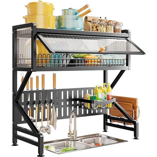 Escurreplatos grande de acero inoxidable 304 de 3 niveles, organizador de 2 niveles para encimera de cocina, escurridor de platos ajustable expandible para utensilios (negro, 25.6 x 13.6 x 32.3