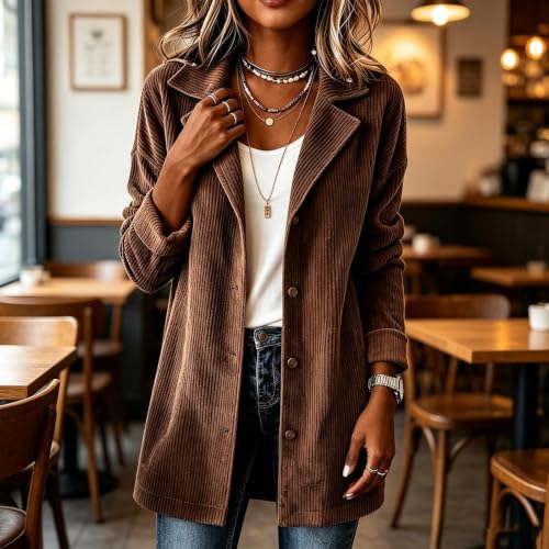 Fall Casual Jackets for Women 2026 Corduroy Blazer Women Longline Lapel Button Down Casual Work Office Jacket Capsule Wardrobe 2026 Over 50 Brown S Chamarras para Mujer - image 6