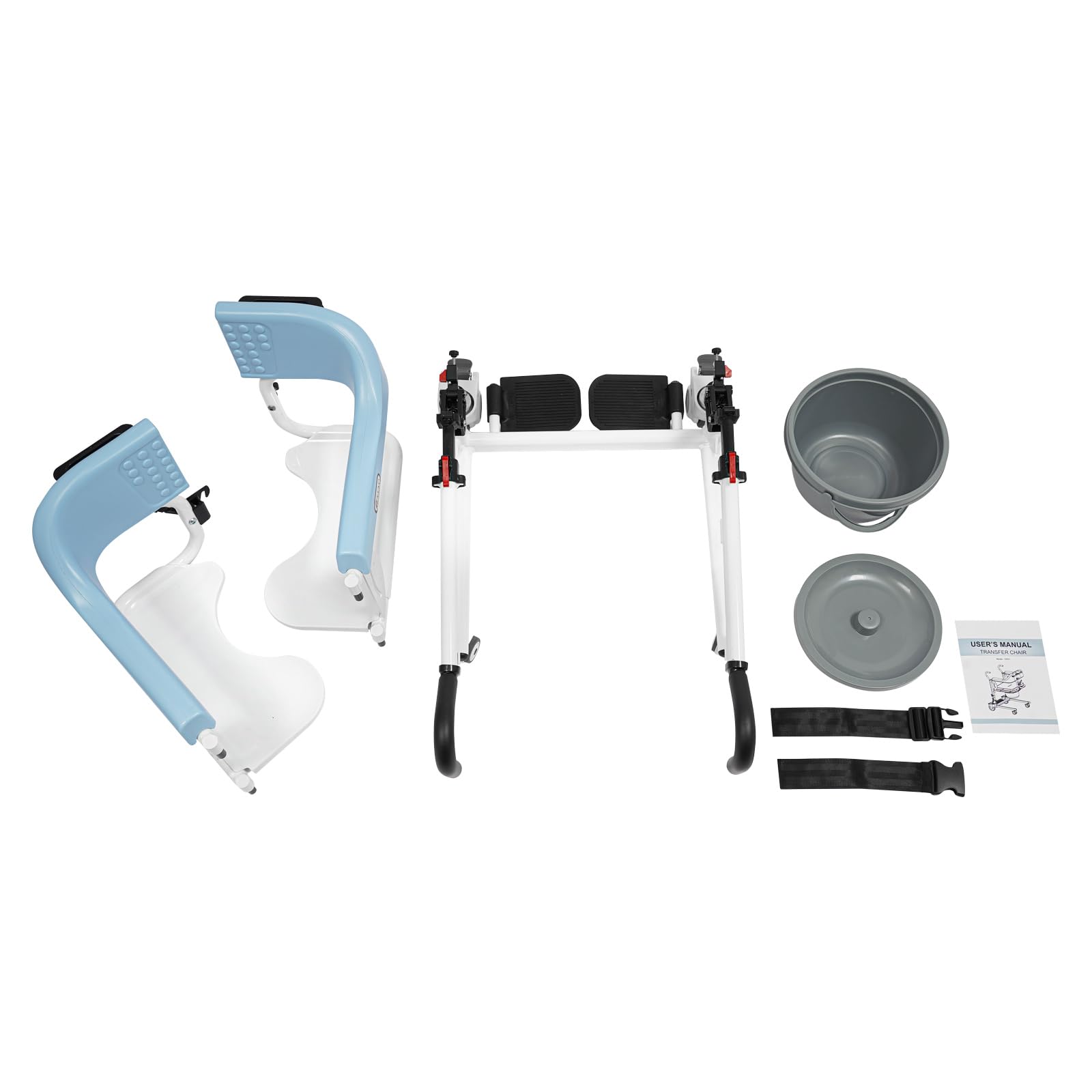 Silla elevadora de pacientes 4 en 1, altura regulable de 82 a 96 cm, plegable, aluminio, capacidad de carga de 120 kg, asiento de 180°, con ruedas de freno, cubo extraíble, para personas mayores en