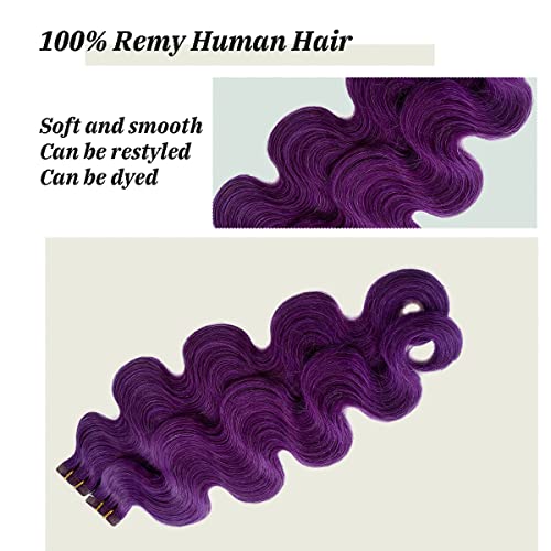 Wave Purple Hair Extensions Tape In Body Wave Human Hair Extensions For Women,18Inch Purple Remy Human Hair Extensions 40Grams 20Pcs Seamless Colored Extensions Tape Ins #TOP3