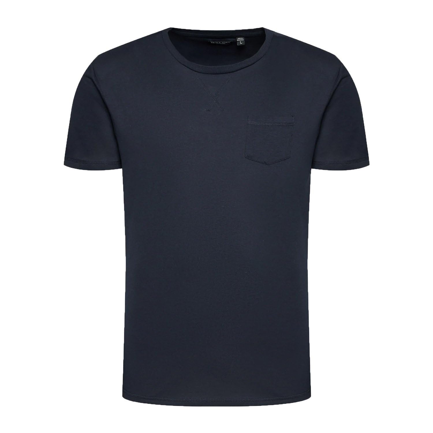 BRAVE SOUL Arkham Crew Neck T-Shirt with Chest Pocket-Navy-Large