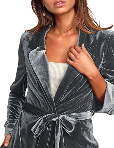 Flygo Women's Long Velvet Cardigan Jacket Lapel Belted Open Front Duster Blazers Sweater4