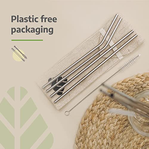 Image of Rusabl Stainless Steel Straws with Cleaning Brush & Pouch Pack of 4, Silver | For Kids & Adults, Reusable Travel Metal Steel Straws for Drinking Juice