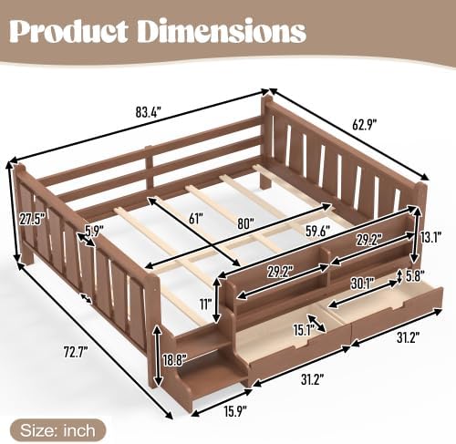 Bellemave Kids Queen Bed Frame with Storage Drawers & Bookshelves, Solid Wood Queen Montessori Bed with Safety Guardrails & Stairs for Kids Girls Boys, Natural