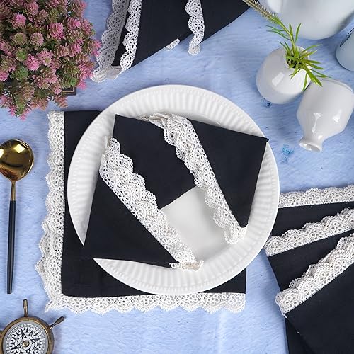 Image of FINGERCRAFT Cloth Napkins, Cotton Table Napkins with White Lace Edge, Reusable Washable Dinner Napkins for Wedding, Festive Dining, Parties & Home Decor (6, Black Premium Lace, 20 inchx20 inch)