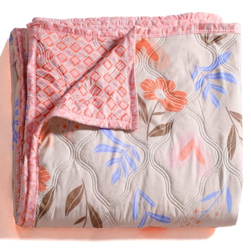 Image of Dohar Double Bed 100% Cotton Blankets for Summer | 90x100inch, 150GSM Ac Comforter and Cooling Blankets for Summer | Pink Color | Classic Printed Design | Quilt | Ideal for Gifting