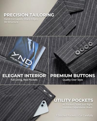 Image of YND Men's 3 Piece Suit with Tie, Solid Color Slim Fit Jacket Vest and Pants