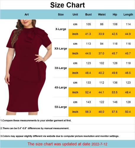 Image of WanMem Plus Size Dress for Curvy Women Semi Formal Cocktail Party Midi Dress Bodycon Short Sleeve Bow Ruffle Pencil Dresses