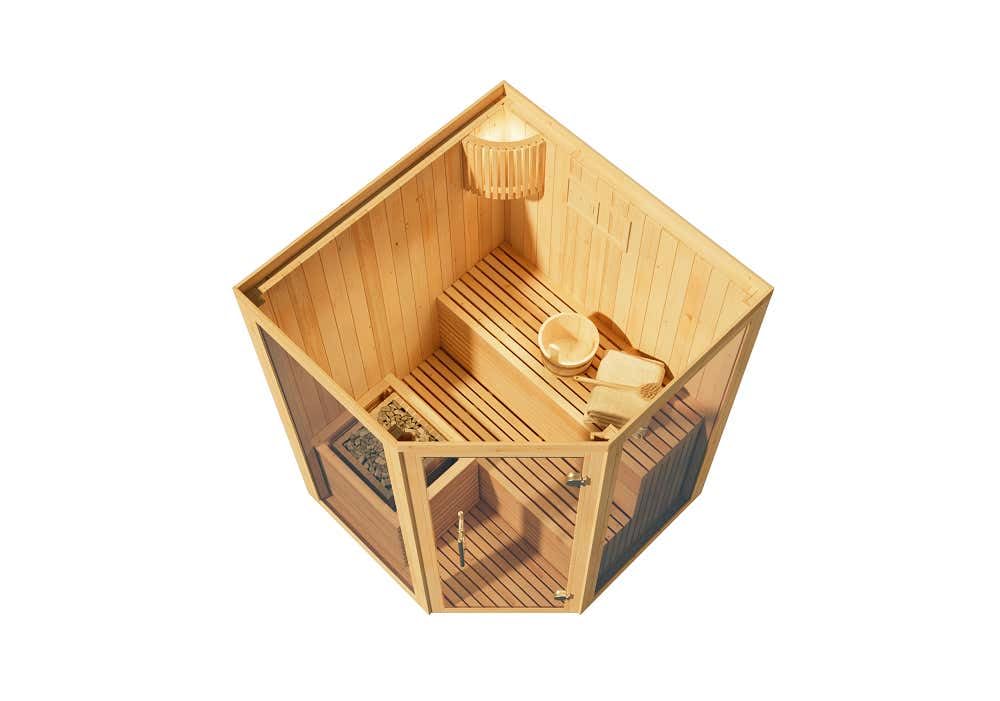 Innensauna Ylva, Ecksauna mit Glasfront für 2 Personen, Innenmaße: B 129 x T 129 x H 191 cm, Hochwertige Saunaliegen, Vorgefertigte Elemente
