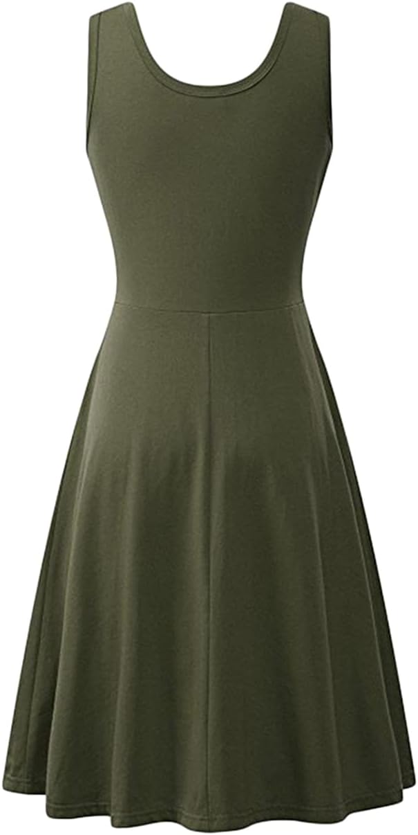 OMZIN Women's Sleeveless Midi Dress Casual Flared Tank Dress Solid Color Cotton Skater Swing Dresses - Image 2