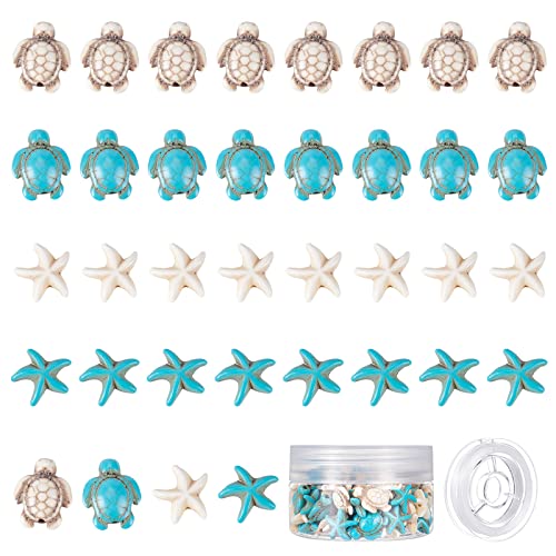SUNNYCLUE 1 Box About 100Pcs 4 Styles Sea Turtle Beads Turquoise Starfish Bead Synthetic Sea Star Tortoise Charms Carved Ocean Animal Stone Spacer Beads for Bracelets Earrings DIY Jewellery Making