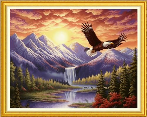 Image of Dimxvean Stamped Cross Stitch Kits,Cross Stitch Kits for Adults Beginners,Embroidery Kits Full Range of Cross Stitch Stamped Kits Needlepoint Kits Cross Stitch Patterns-Eagle Mountain River 16x20 inch