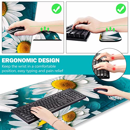 Image of ArtSo Large Gaming Mouse Pad Set, Keyboard Wrist Rest Support + Mouse Wrist Cushion + Extended Mousepad + Coaster, 35x15.5in Multifunctional Desk Mat 4pcs, Cute Daisy