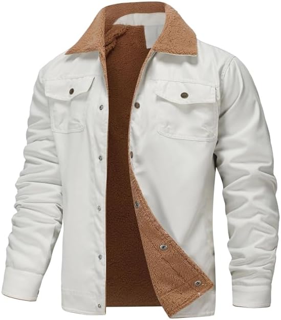 Men's Long Sleeve Cargo Jacket Fleece-Lined Cotton Workwear Casual Jacket Outdoor Hiking Camping Coat