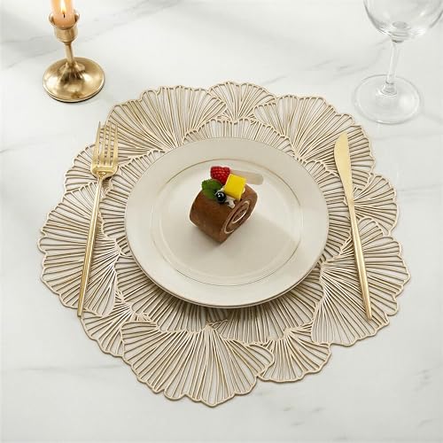 Image of Yellow Weaves 2 Pcs PVC Bloom Petal Design Table Placemat, Dining Table Mat, Anti-Skid, Washable, Dining, Kitchen, Restaurant Table Set Easy to Clean, Durable (Golden)