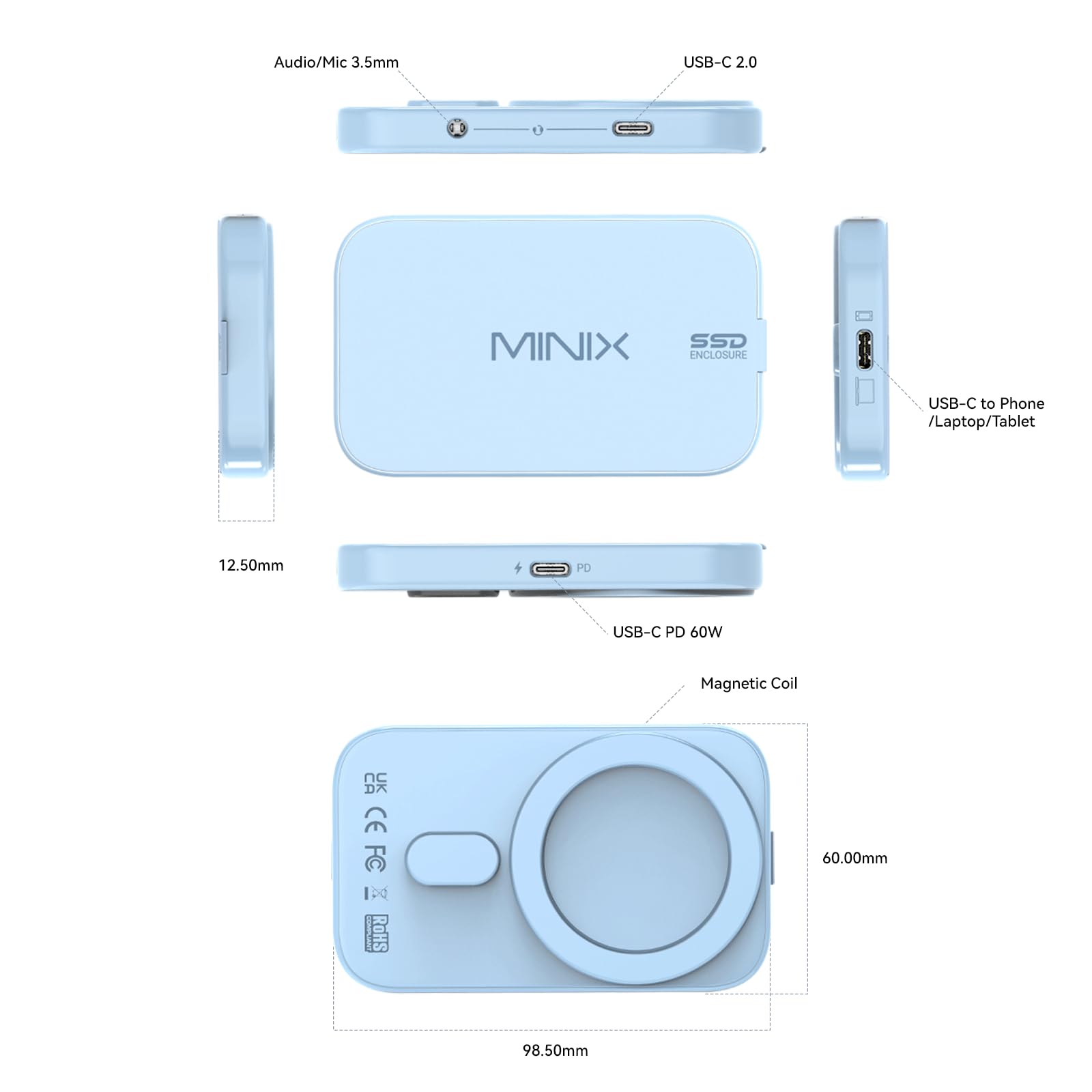 MINIX Magnetyczne obudowy M.2 2230 NVMe SSD tylko dla iPhone 15/16 Pro Max ProRes, port audio USB typu C 2.0, kompatybilne z iPad Pro, MacBook, laptop, PD 60W max, zewnętrzna obudowa SSD