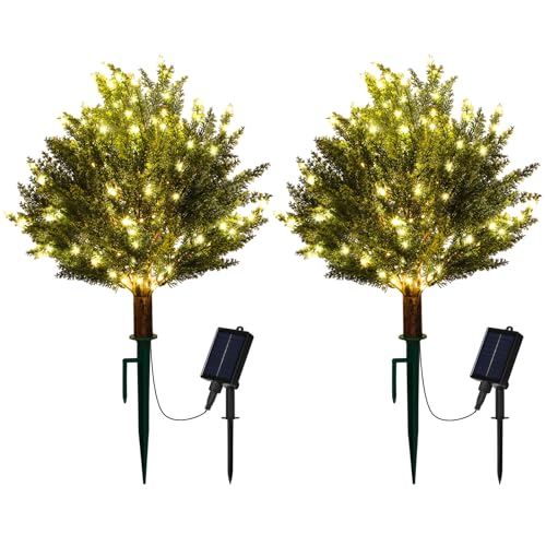 2 Pack Artificial Cedar Trees with Solar Lights Outdoor 25 Faux Trees