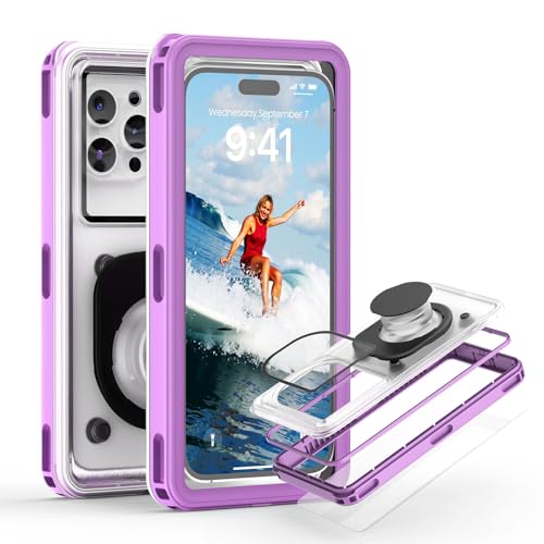 APRUT Waterproof Phone Pouch Case 7.5', 2025 Upgraded IPX8 Waterproof Phone Case for Snorkeling, Universal Fit for iPhone 16 Pro Max 15 14 13, Galaxy S25, Beach Vacation Essentials (Purple)