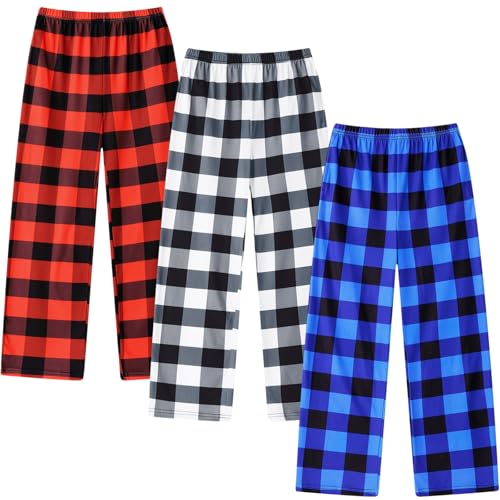 TUONROAD Boys 3 Pack Pajama Pants Soft Plaid Cozy Elastic Waist Sleep Bottoms Size 7 14 with Pockets