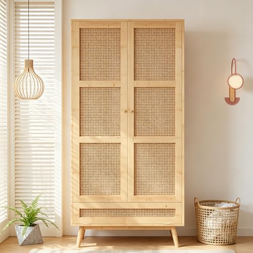 luckdect Armoire en Rotin à 3 Portes,Garde-Robe et Tringle à VêTements,Dressing Rangement Placard,Style Bohème,pour Chambre à Coucher,Couloirs,Salon
