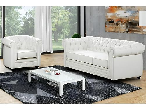 Vente-unique - Canapé 3 Places et Fauteuil Chesterfield - Simili Blanc