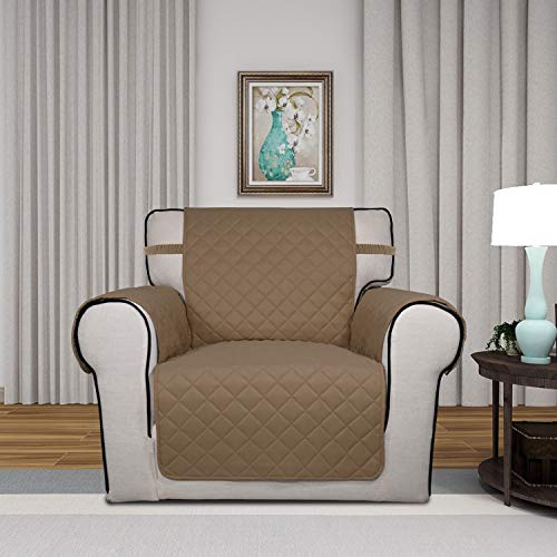 Image of PureFit Reversible Quilted Sofa Cover, Water Resistant Slipcover Furniture Protector, Washable Couch Cover with Non Slip Foam and Elastic Straps for Kids, Dogs, Pets (Chair, Camel /Ivory)