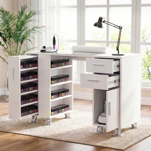 Nail Desk Professional Manicure Table with Wrist Rest 2 Drawers&Cabinet Nail Station Beauty Technician Desk with Electric Dust Collector& Dust Bag Nail Table with Pull-out Locker&8 Metal Legs White