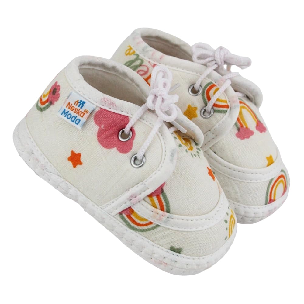 neska moda 6 To 12 Months Baby Boys & Baby Girls Star & Rainbow Muslin Lace White Hook & Loop Shoe Booties-BT5565-picture-18