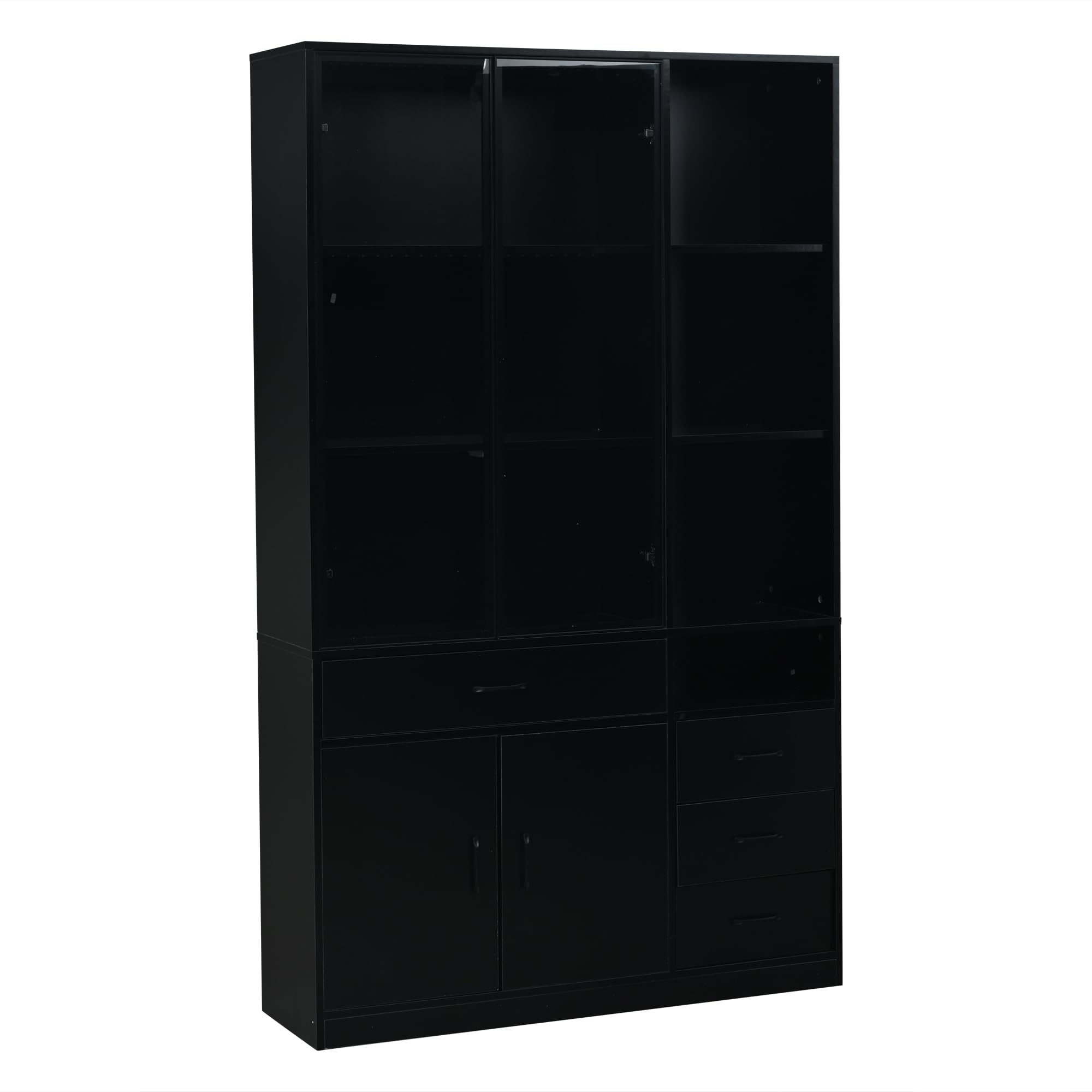 Armario alto con vitrina de cristal y LED, 120 x 35 x 200 cm, estantería con 13 zonas de almacenamiento, 4 cajones y puertas, vitrinas, armarios, para comedor y salón (negro)