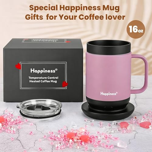 Image of Happiness Smart Heated Coffee Mug,Rechargeable Electric Self Heating Temperature Control Coffee Cup Gifts for Mom Dad Women Men