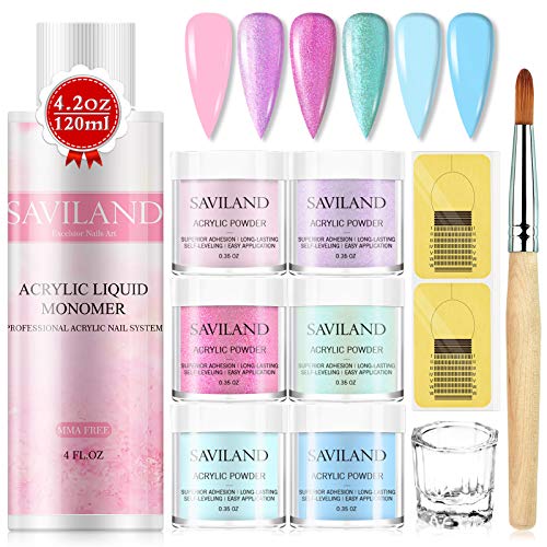 Saviland Acrylic Powder and Liquid Set - Glitter Acrylic Nail Kit 6 Color Pearl Nail Powder Polymer, 4 Oz Liquid Monomer for Nail Extension No Need Nail Lamp