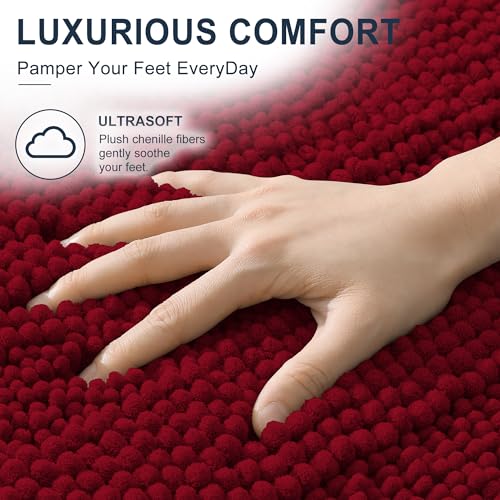 Image of Smiry Thick Chenille Bathroom Runner Rugs 44x24, Extra Absorbent Striped Bath Mat, Machine Washable, Rubber Backing, Long Bath Rugs for Bathroom, Tub & Shower, Home Decor Accessories, Red