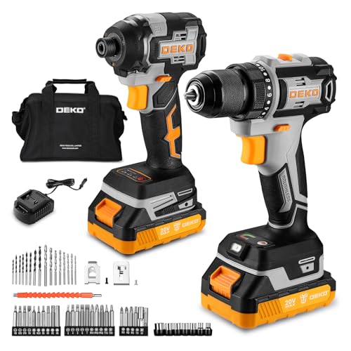 Cordless Drill & Impact Driver: DEKOPRO 20V Brushless Power Drill and 20V Brushless Impact Driver Set, Power Tool Set with 2x2.0Ah Batteries, Charger, Bag & 52xAccessories-Yellow