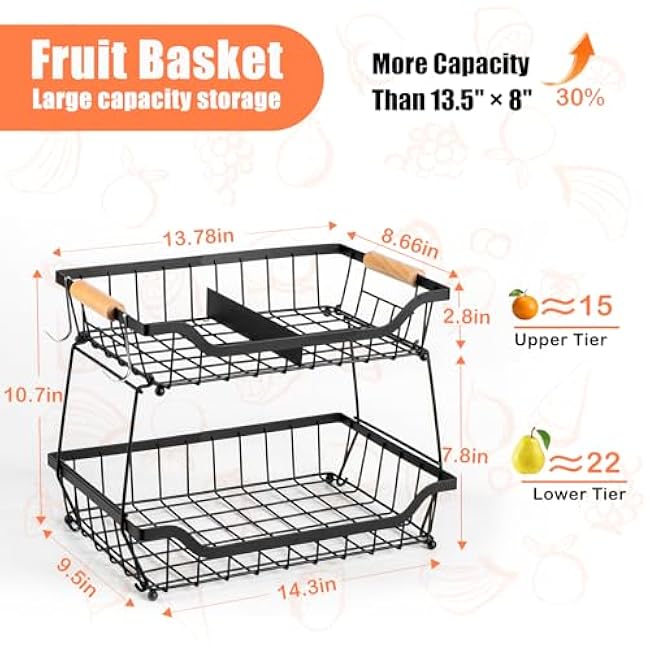 2 Tier Fruit Vegetable Basket for Kitchen, Storage Cart, Vegetable Basket Bins, Countertop Metal Wire Organizer with 2 Detachable Banana Hangers & Bowl-wHXdjfHq