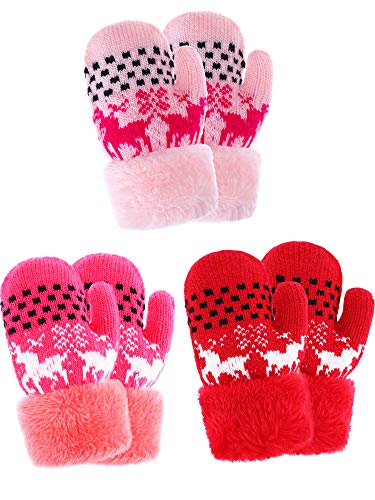 Tatuo 3 Pairs Kids Full Finger Gloves Winter Plush Lined Gloves Knitted Thicken Mittens for Infant Boys Girls Usage (Pink, Rose Red, Red)