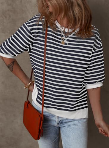 Image of Dokotoo Sweatshirt for Women Fashion Summer Tops Striped Casual Color Block T Shirt Casual Pullover