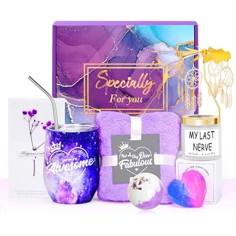 Appreciation Gifts for Women, Thank you Gifts for Women, Happy Birthday Spa Gift Box Baskets Set 12OZ Tumbler Candle Diamomd Soap Bath Bomb Greeting Card Purple Gifts for Mom Her Sister Mother Cover