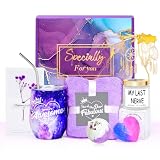 Appreciation Gifts for Women, Thank you Gifts for Women, Happy Birthday Spa Gift Box Baskets Set 12OZ Tumbler Candle Diamomd Soap Bath Bomb Greeting Card Purple Gifts for Mom Her Sister Mother