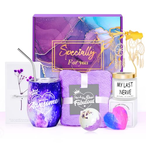 Appreciation Gifts for Women, Thank you Gifts for Women, Happy Birthday Spa Gift Box Baskets Set 12OZ Tumbler Candle Diamomd Soap Bath Bomb Greeting Card Purple Gifts for Mom Her Sister Mother