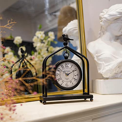Soffee Design 7.5'' X 10'' Mantel Clock Iron Tower Frame, Creative Bird Ornament Tabletop Clock, Silent Clock With Hollow Carved Back Cover For Home Decor, Black #TOP1