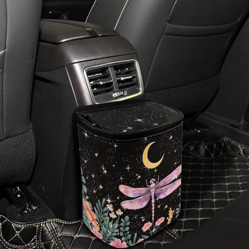 Image of Talayituse Dragonfly Flower Moon Print Car Trash Can with Lid, Leak Proof Auto Trash Bag Hanging Vehicle Garbage Can Multipurpose Storage Container for Back Seat Road Trip