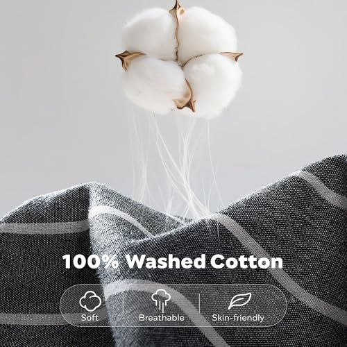 Image of JELLYMONI Cotton Duvet Cover Full Size - Gray Pinstriped Comforter Cover with Button 100% Washed Cotton 3PCS Breathable Soft Solid Bedding Set Duvet Cover 80x90in & 2 Pillowcases (NO Comforter)