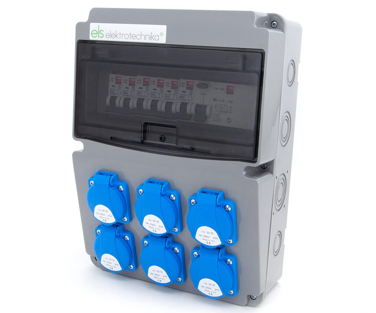 ELS Elektrotechnika Quadro elettrico a parete 230V 16A con 6 x presa Schuko, distributore di corrente per cantieri 11-polig, scatole di distribuzione 1 x protezione FI 40A - 30mA, distributore di